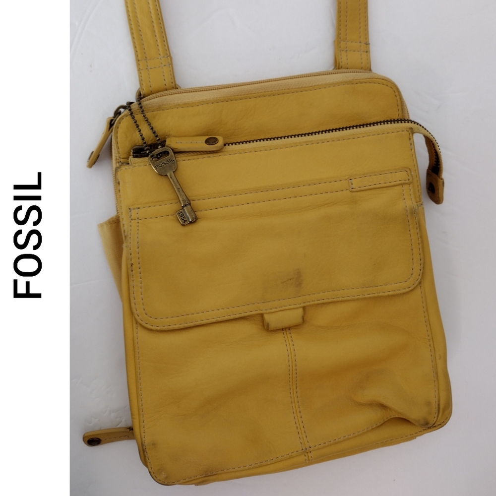 Vintage Fossil Leather Yellow Messenger Crossbody Bag